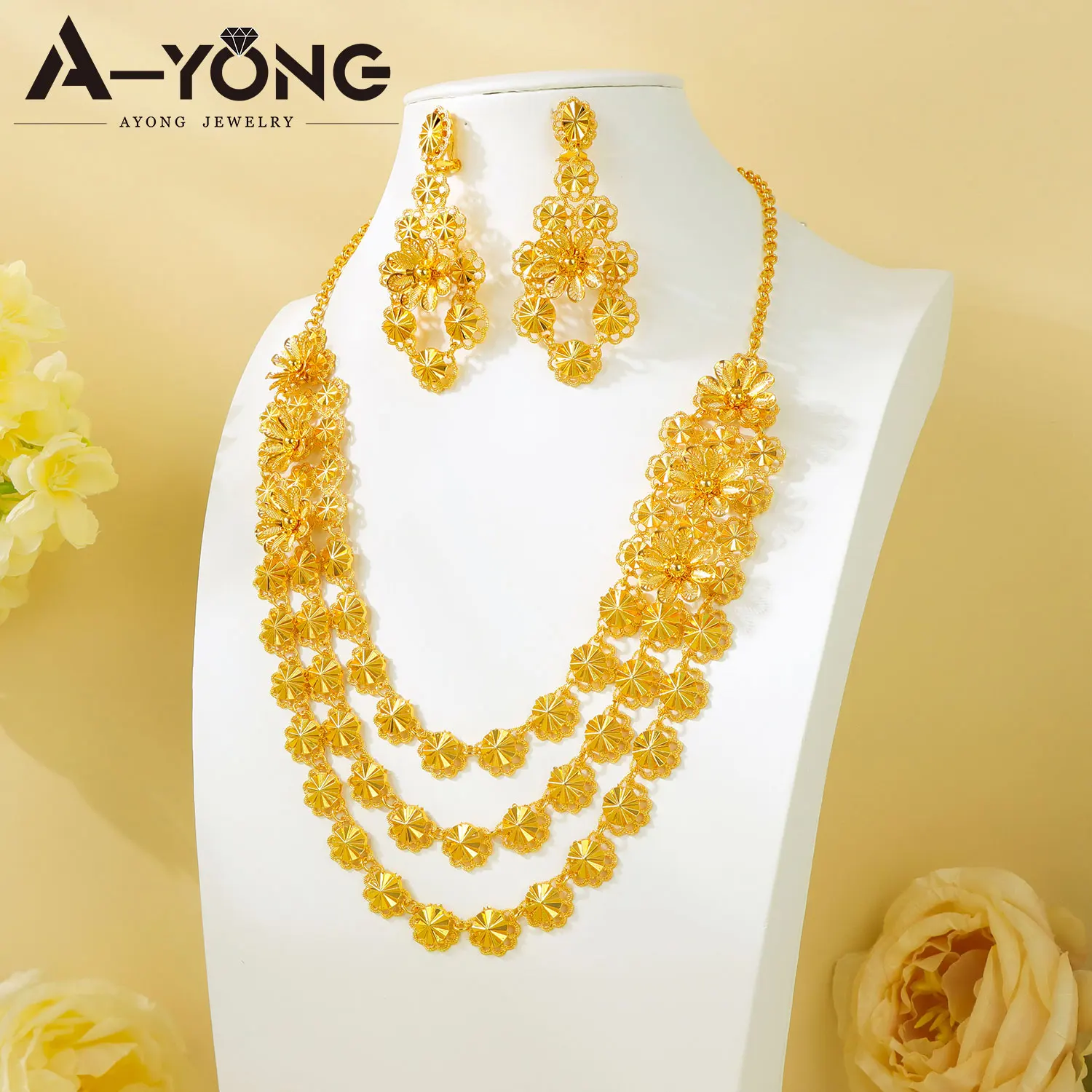 Luxury Ethiopian Bridal Wedding Jewelry Set Dubai Gold Color Floral Necklace Earrings Nigeria Women Event Party Jewelrys Gifts