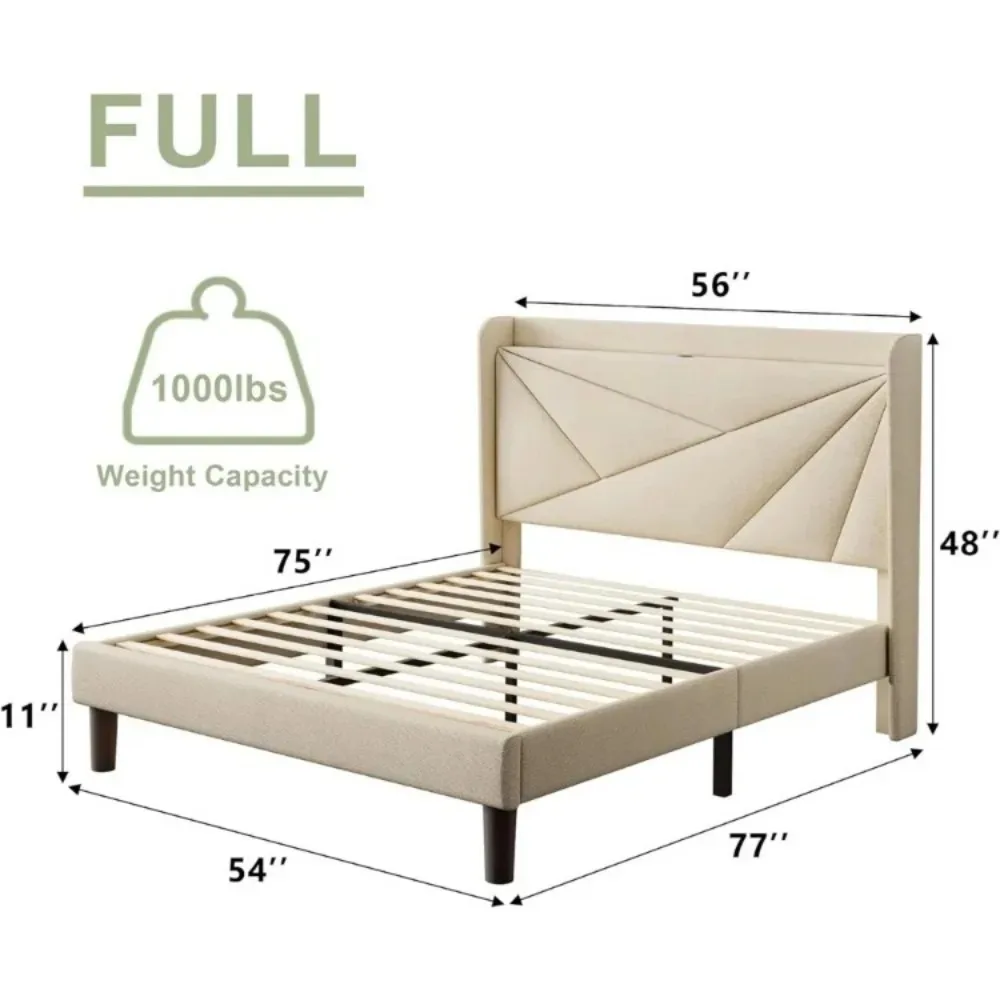 Bed Frame with Charging Station, Upholstered Bed Frame with Storage Headboard, Solid Wood Slats Support, No Box Spring Needed