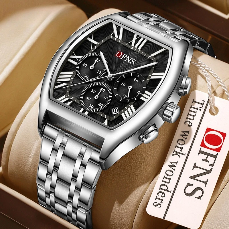 スチールベルトクォーツ腕時計、6針、日付・クロノグラフ機能付き、防水、ビジネスウォッチ、ファッショナブルなトノー型、通勤用腕時計
