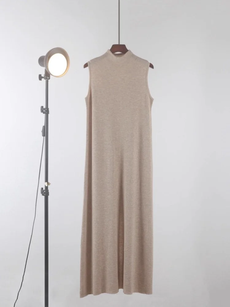 2025 봄/가을 슬림핏 하프 하이넥 니트 드레스 (여성용, 중간/긴소매 민소매 탱크탑 바텀 드레스 W494)