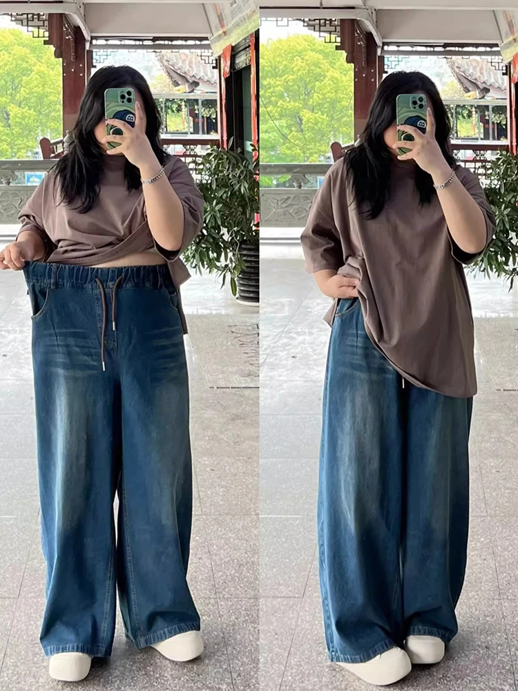 

plus Size Women's American Retro Straight Leg Jeans Elastic Waist Belted Loose Concealing Wide Leg Pants Casual High Waist Co...