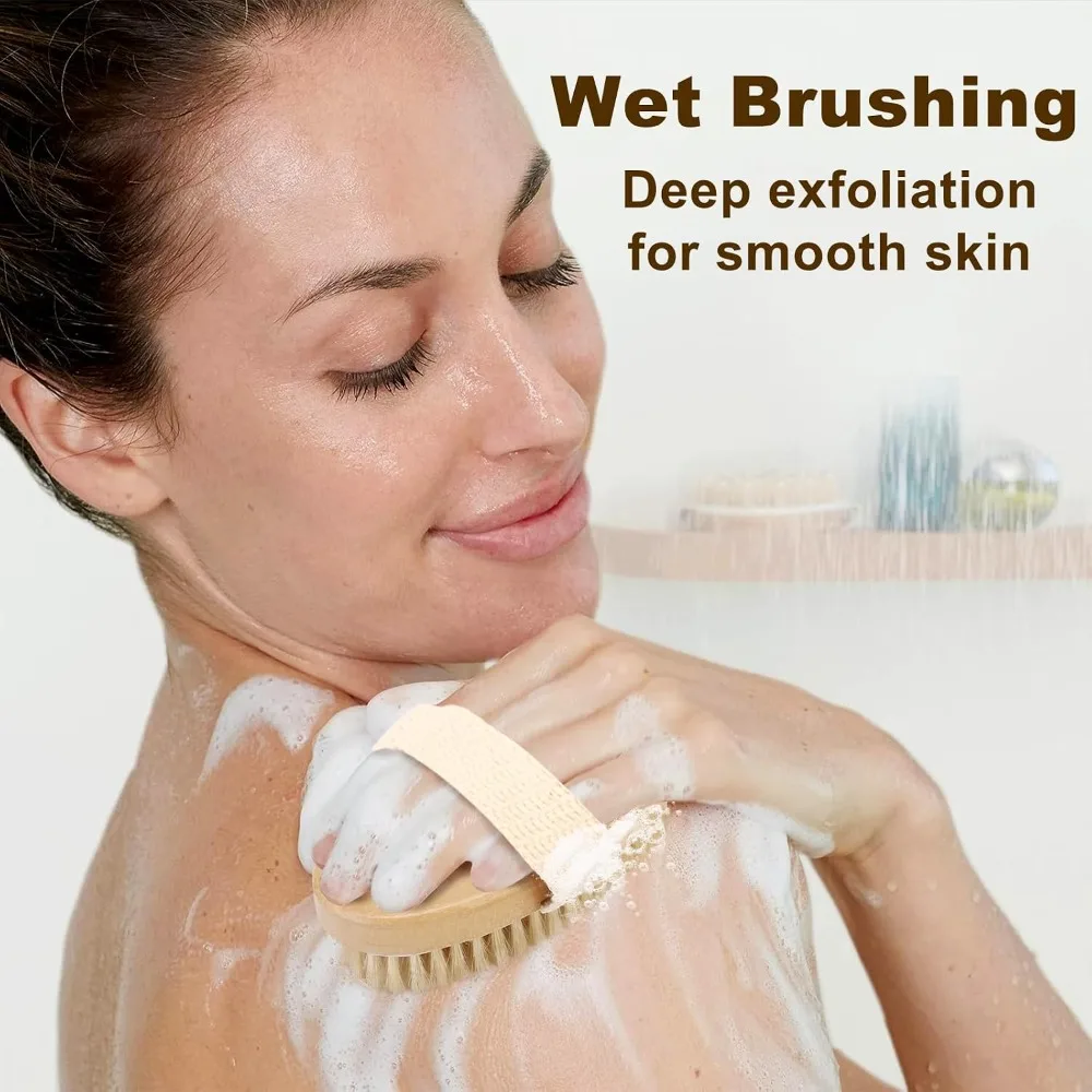 Natural Bristle Exfoliating Brush Body Scrubber for Lymphatic Drainage Blood Circulation Wet & Dry Brush Deep Exfoliation