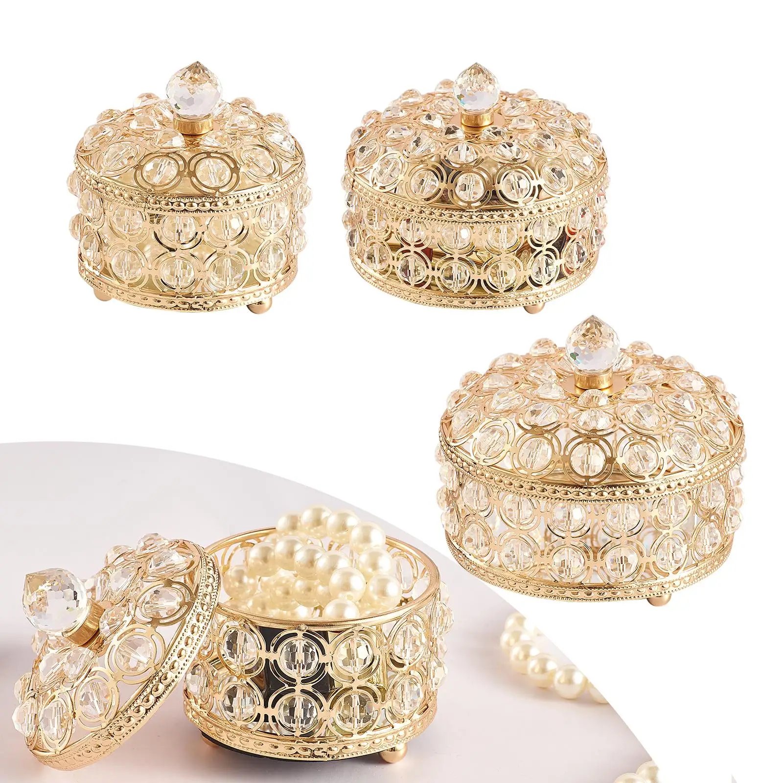 Crystal Jewelry Box Display Treasure Case Storage Holder with Lid Organizer Gold