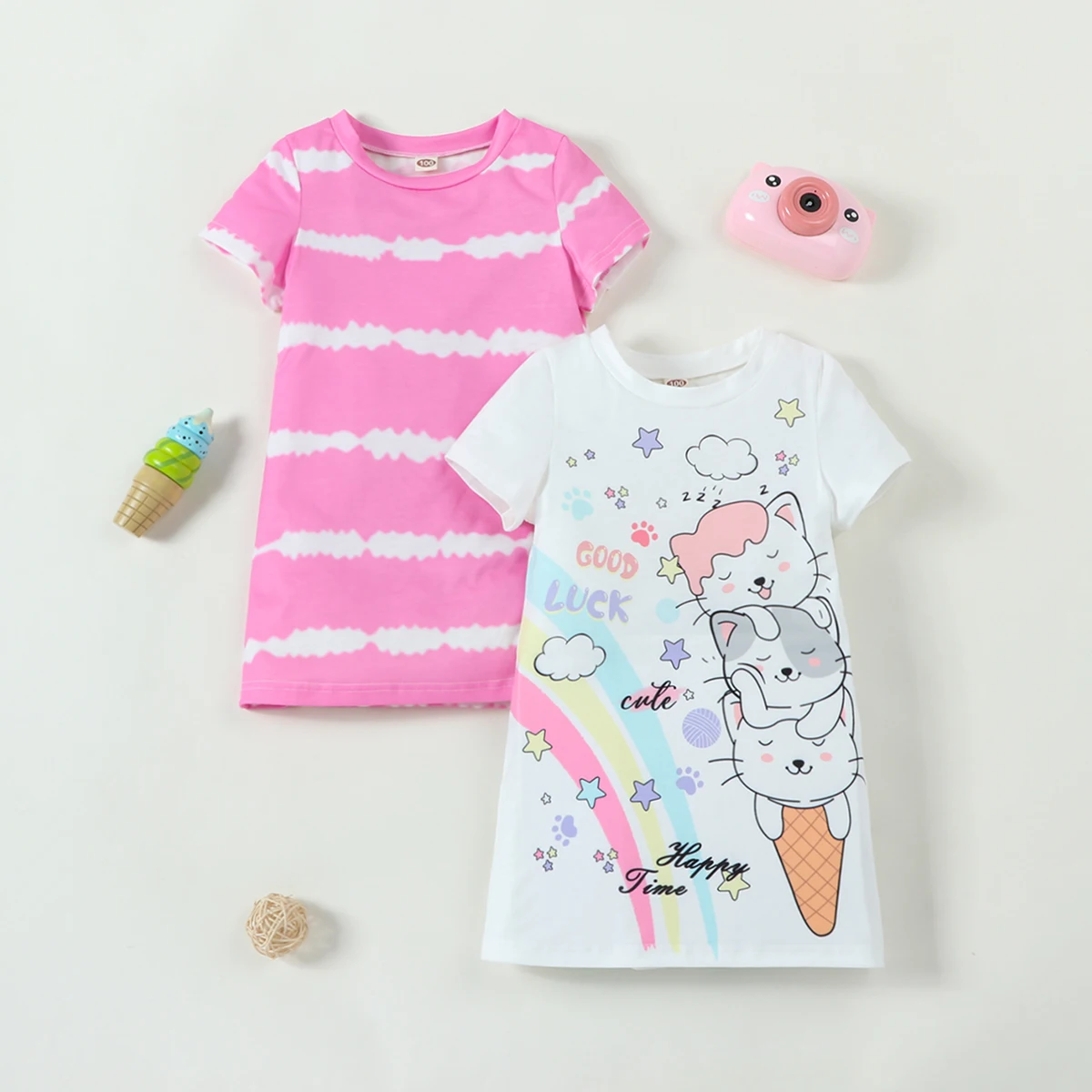 

Two piece girls' letter printed round neck casual baby girl cute and fashionable short sleeved T-shirt dress for summer