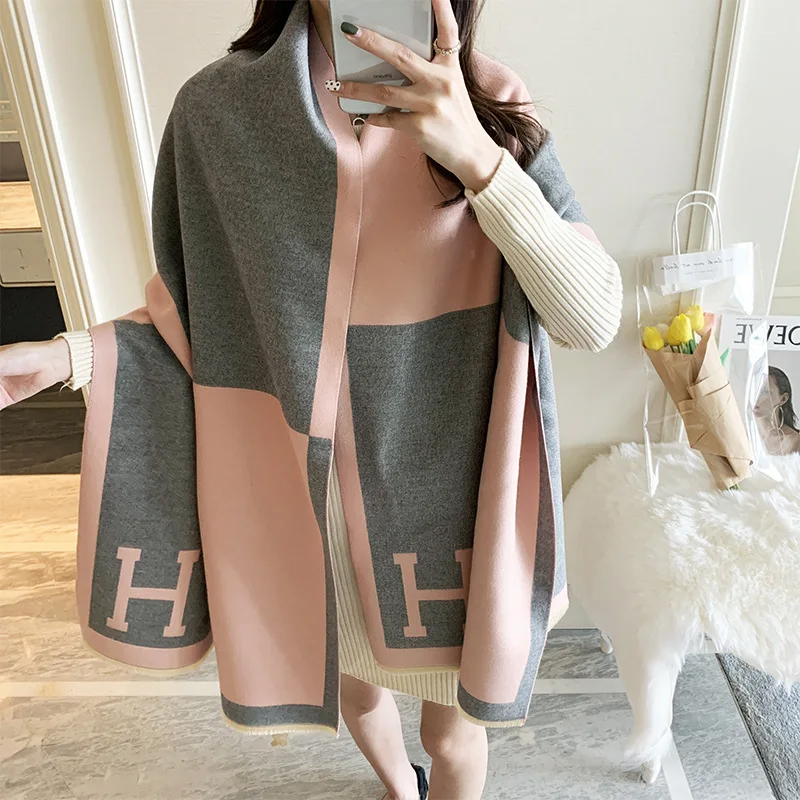 

Осенне-зимний шарф из искусственного кашемира, женский утолщенный теплый двусторонний шаль с надписью, удлиненный веер