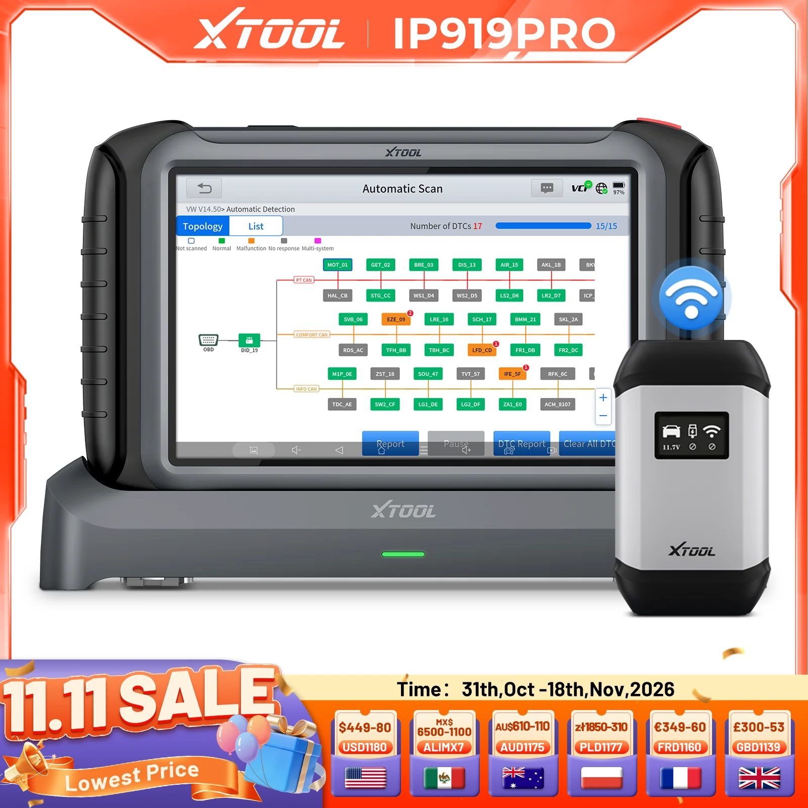 XTOOL INPLUS IP919 Pro Automotive Scanner Key Programmer All System Diagnosis ECU Programmer with 51+Resets CAN FD DOIP FCA