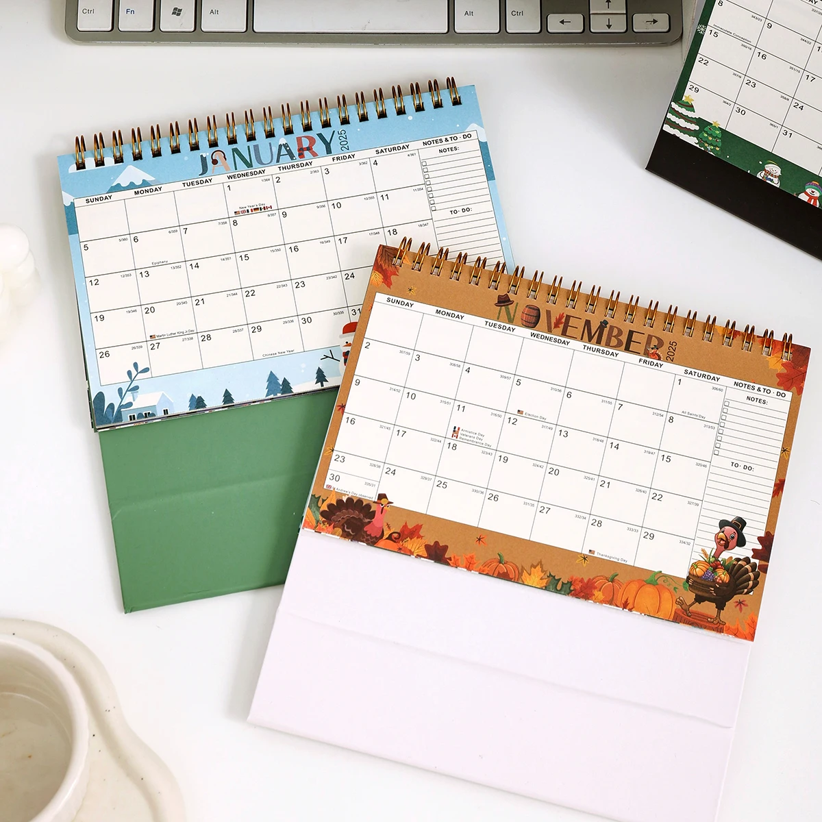 1 PC ソリッドカラーミディアム 2025 卓上カレンダー - 耐久性のある金属リングバインディング自然風景パターンインナーページオフィスデスクメモ