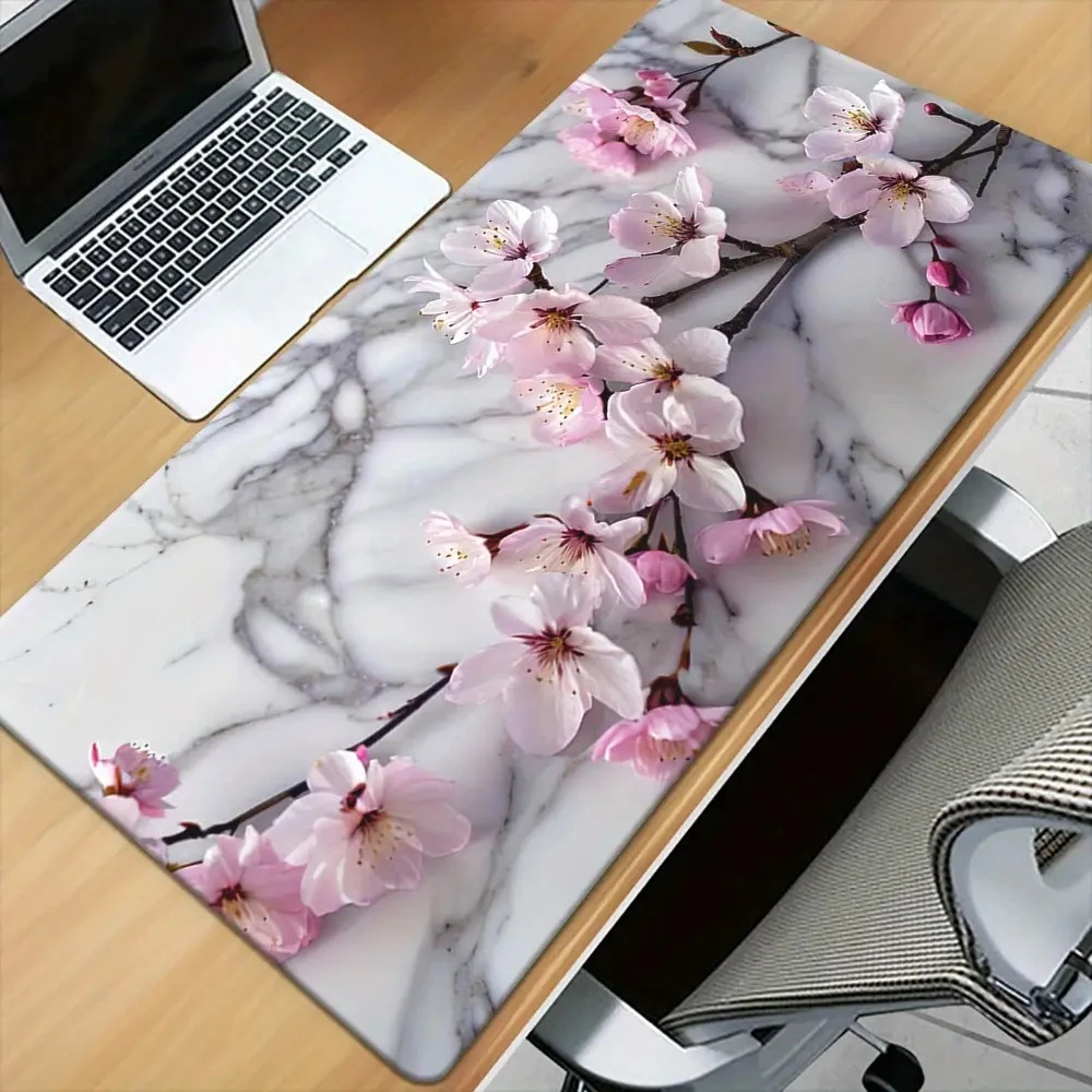 

Marble Cherry Blossom Large Mouse Pad Non-slip Stitched Edge Desk Mat for Office Gaming