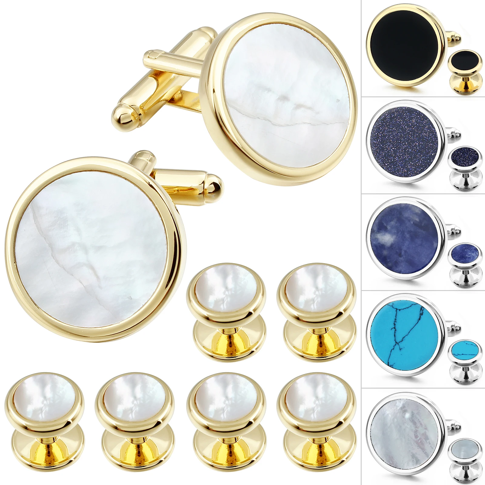 HAWSON Mother of Pearl Cufflinks and Studs Sets 6 Pieces Gold Color Studs for Tuxedo Luxury Gift for Party запонки мужские