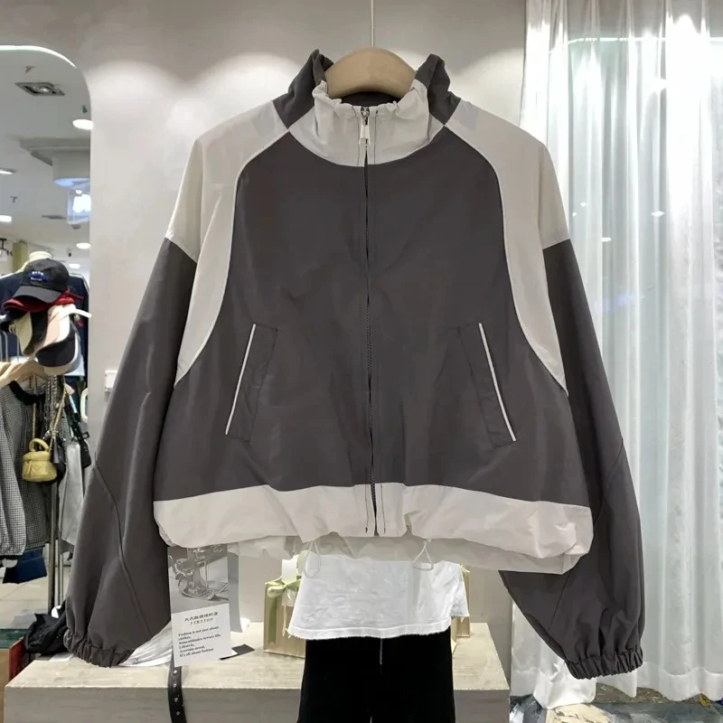 Kore kadın kırpılmış ceket boy Y2k Harajuku Zip Up rüzgarlık Patchwork hafif ceketler Streetwear bahar sonbahar yeni