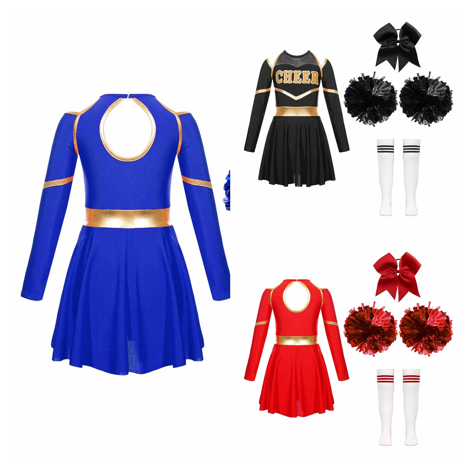 

Children Cheerleader Costumes Children Cheering Team Dance Outfits Kids Girls Cheerleading Uniform Dress With Flower Balls Sets