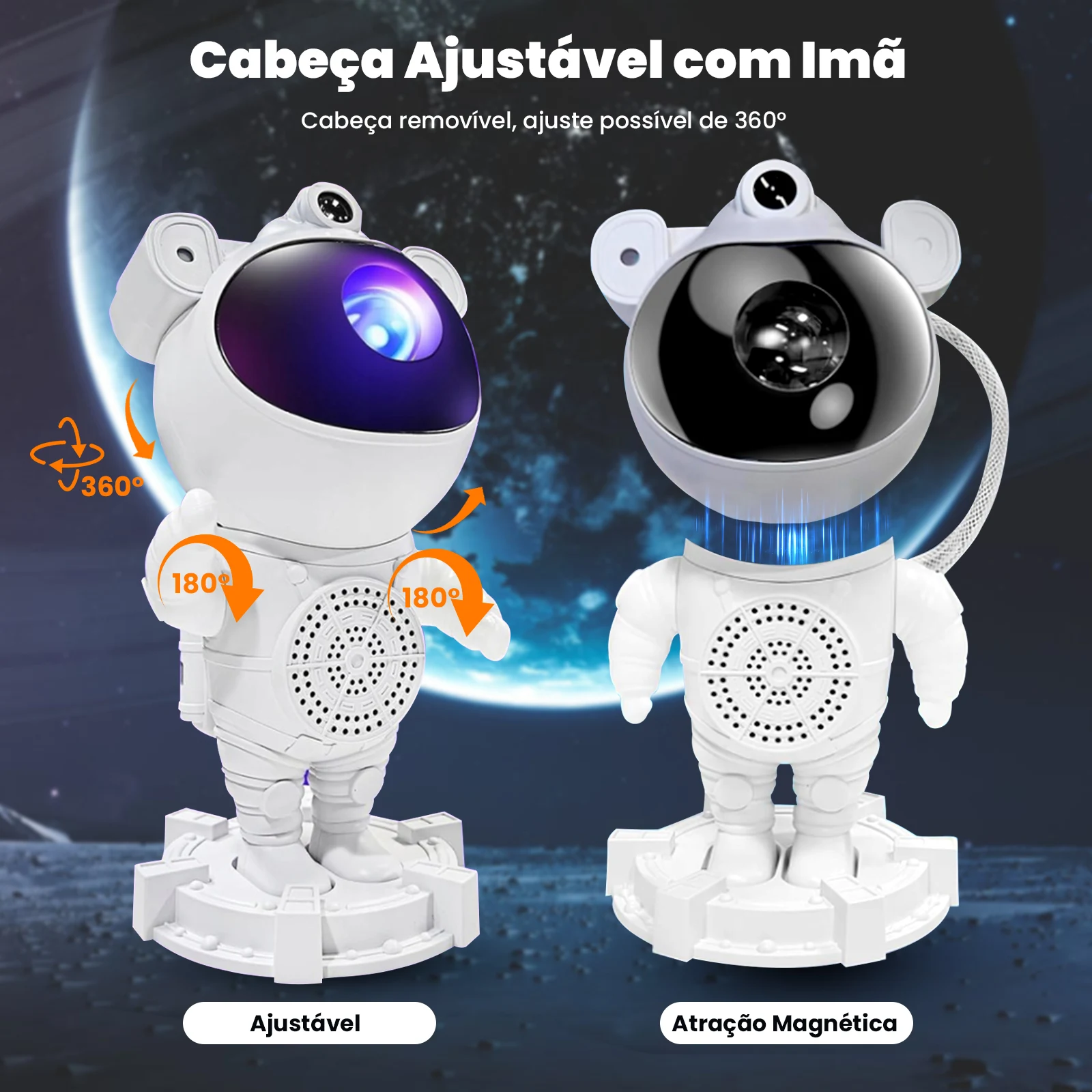 Luminária Projetor Astronauta Galáxia LED com Conexão Bluetooth, Despertador e Controle Remoto para Quarto Infantil
