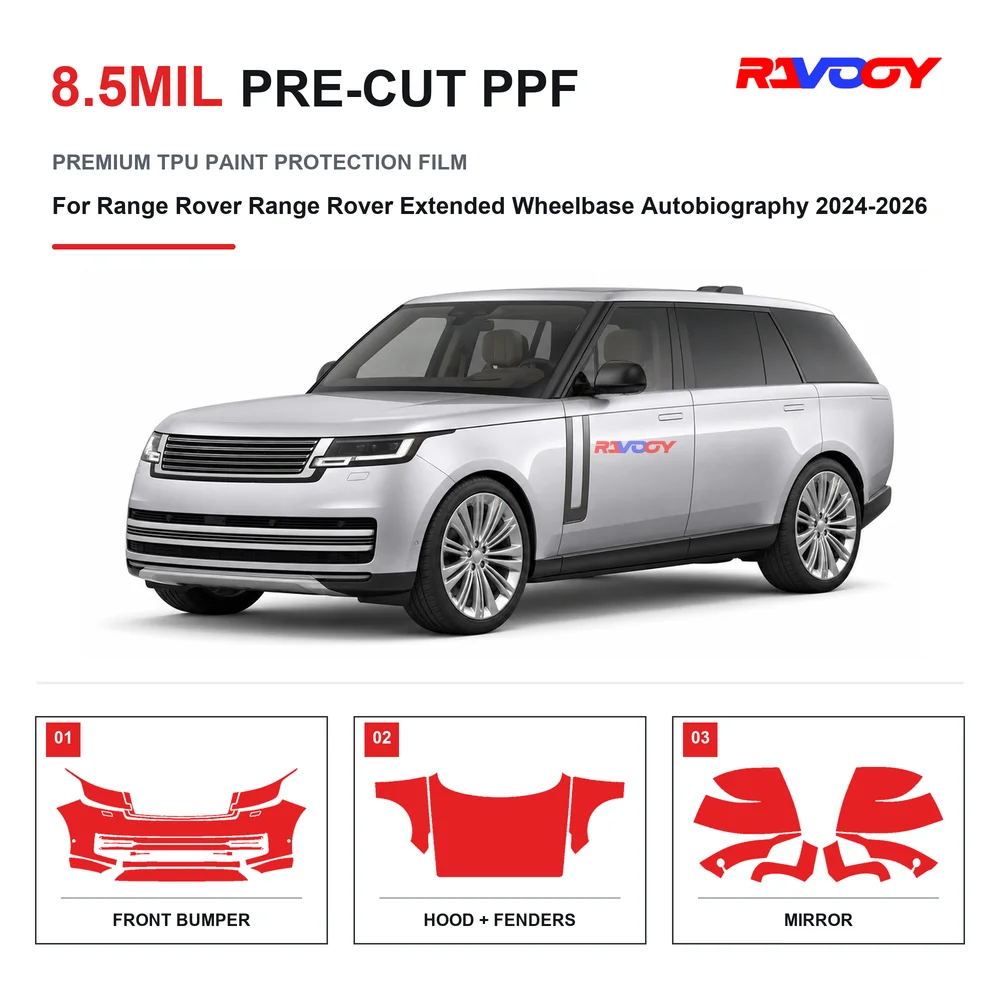 Film de protection de peinture transparent en TPU auto-cicatrisant anti-UV de 8,5 mil, prédécoupé pour Range Rover Extended Wheelbase Autobiography 2024-2026