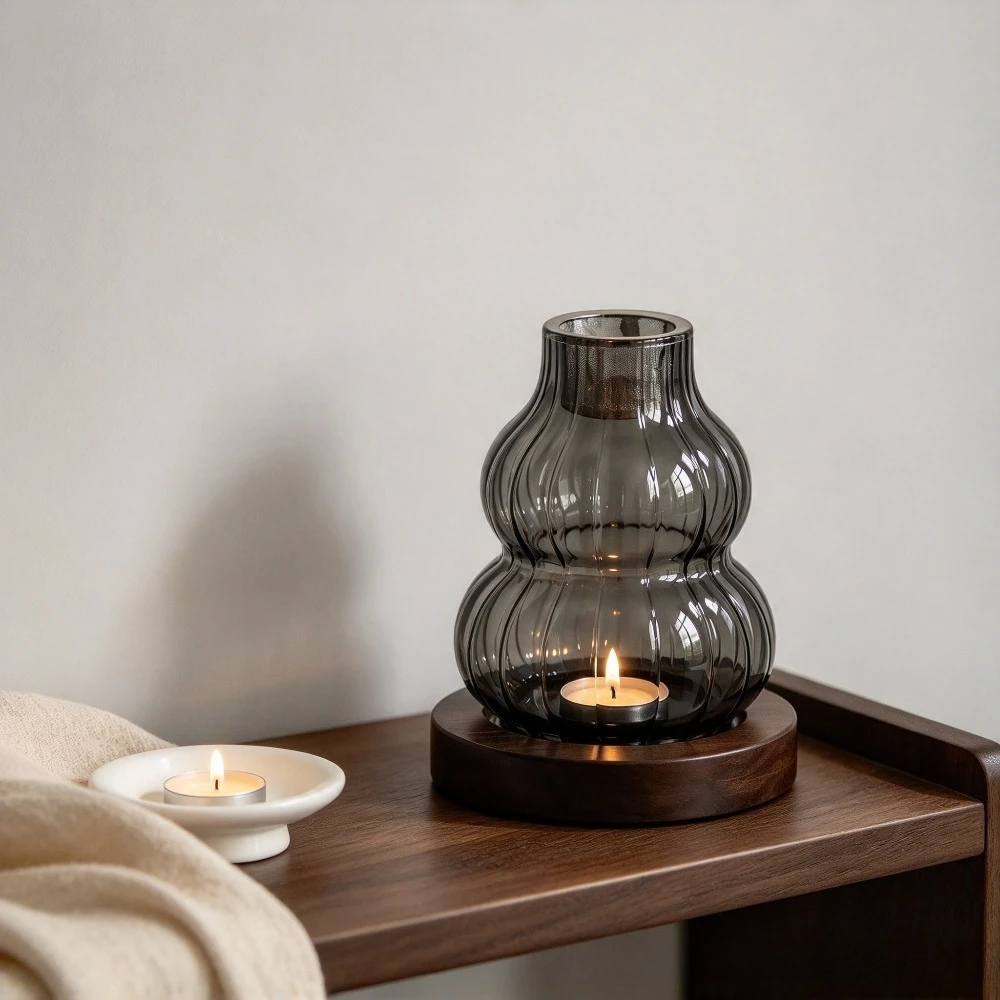 Gourd Shaped Ribbed Glass Candle Holder  Wood Base Vintage Windproof Candlestick Romantic Tabletop Home Ornament