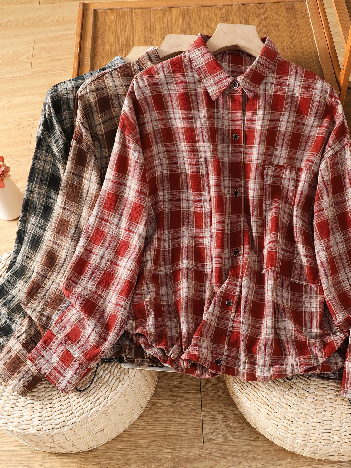 

Женский топ в клетку в стиле ретро, весна-осень 2023, новинка Faion, универсальный свободный повседневный длинный топ с воротником све