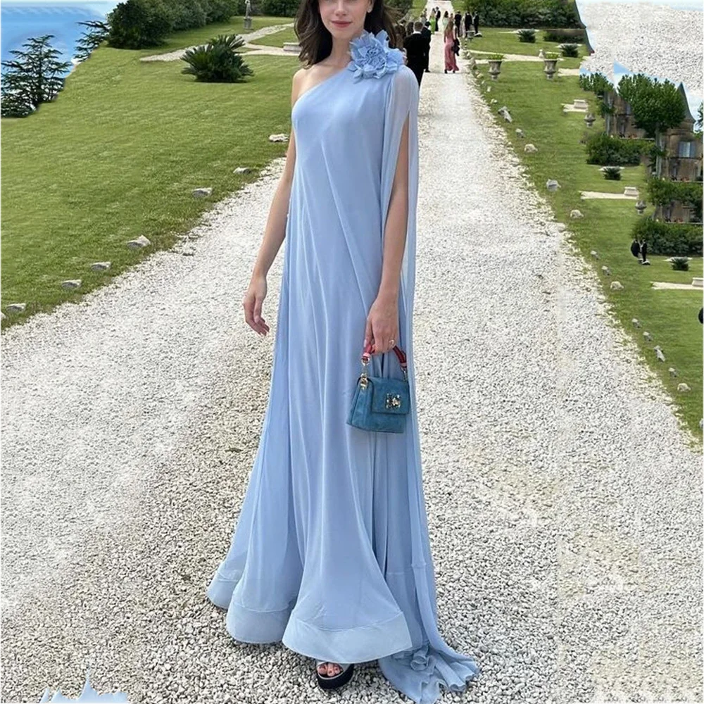 

Simple Blue Women's Evening Dresses One Shoulder Chic Pleats Floor-Length A-Line Dress Formal Dinner Party Gowns Custom Made