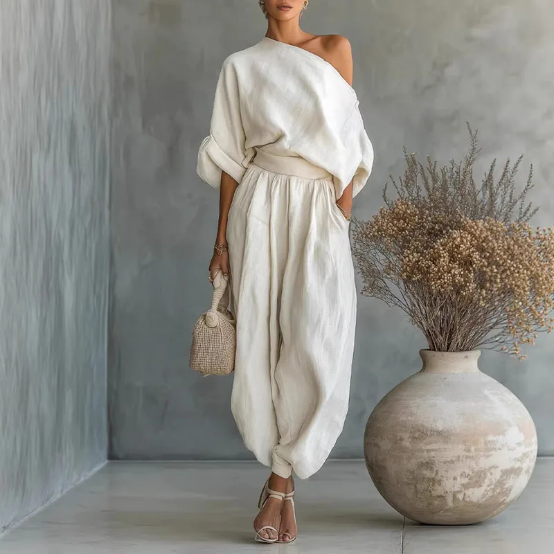 

Shpmishal Elegant Skew Collar Long Sleeve Top & Casual Pants Set Woman Sexy Hollow Out Solid Suit Outfit Spring Fall Loose