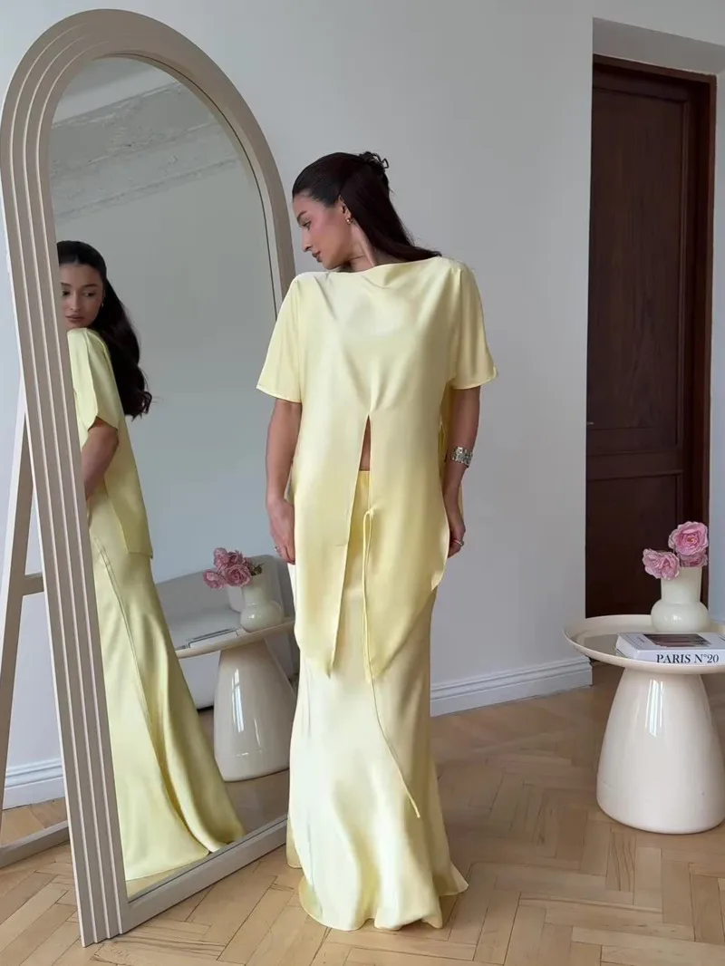 Elegant ซาตินเสื้อกระโปรง 2 ชิ้นชุดผู้หญิง 2025 ใหม่สไตล์ Lace Up เอวสูงกระโปรง Mermaid Office Lady Chic ชุด