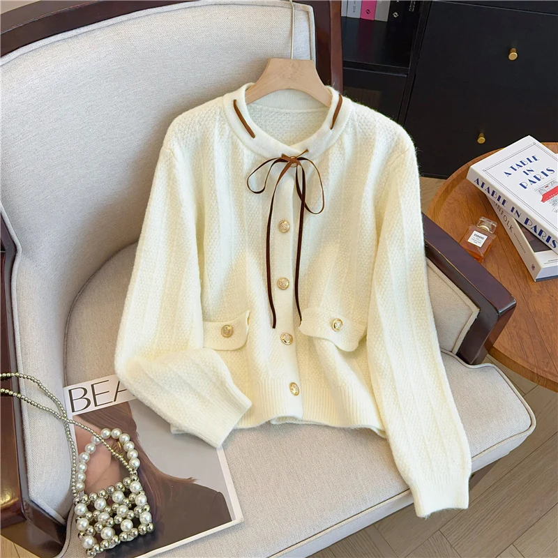 

Women White O-Neck Cardigan Bow Luxury Sweater Harajuku Vintage 2000s Y2k Korean Style Loose Long Sleeve Cashmere Sweater Autumn