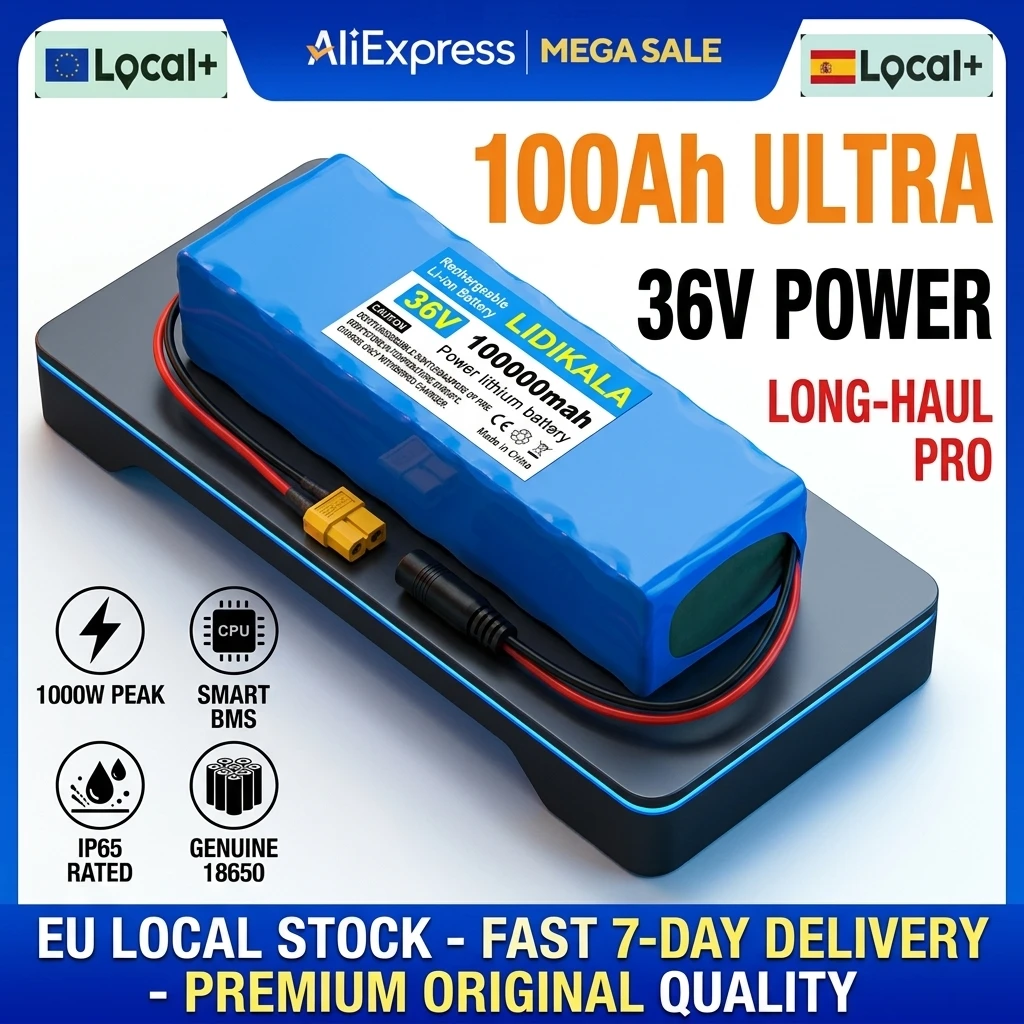 Wiederaufladbarer Lithium-Akku 36V 10S2P 100000mAh 500W mit BMS-Schutz, kompatibel mit 42V-Ladegerät, Ersatzakku für Elektroroller