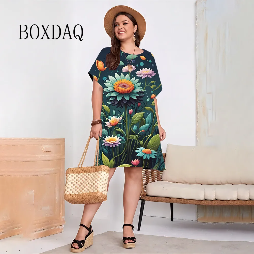 1XL-9XL Large Size Women Dress Summer Elegant Floral Print Loose Ladies Sundress Casual Short Sleeve Plus Size Women Clothing