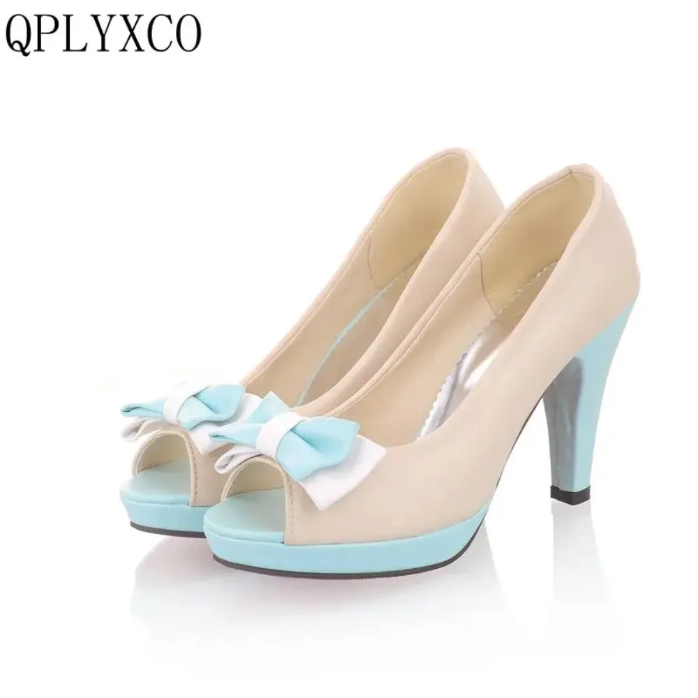 QPLYXCO  Fashion Big Small Size 31-45 Summer Sandals Women High Heels Peep Toe Bow Wedding Party Pumps Ladies Footwear D21
