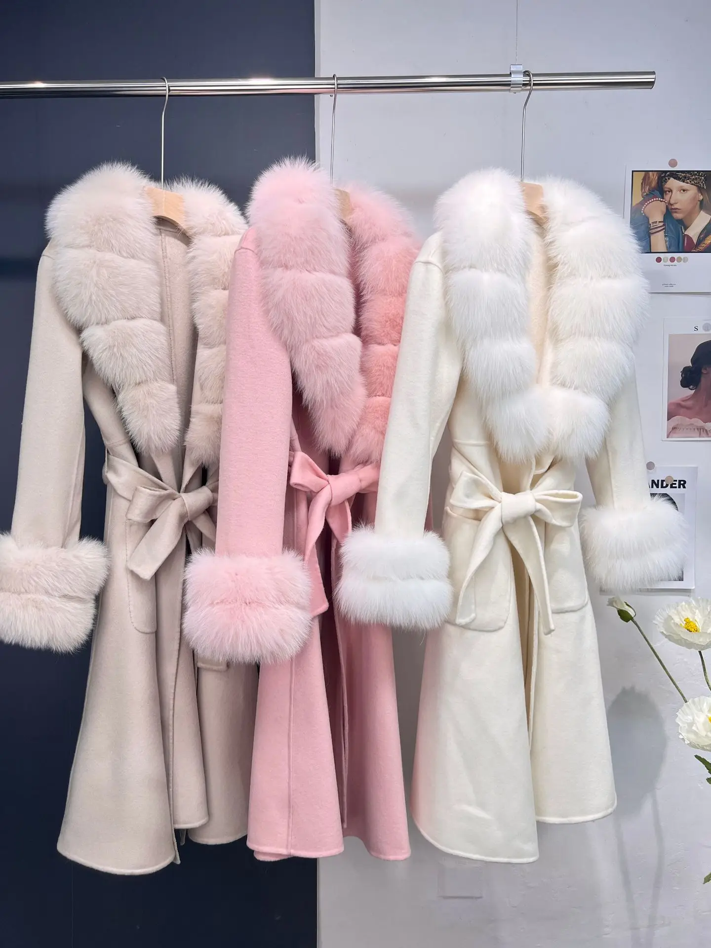 

2023 New X-long Cashmere Wool Blends Women Real Fur Coat Jacket Female Lady Wool Blends Fox Fur Collar Coats Jackets Long Trench