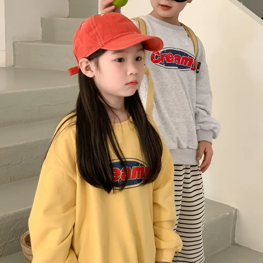 Felpa con cappuccio per bambini 2024 primavera stile coreano lettera stampata ragazzi e ragazze Casual girocollo manica lunga Casual allentato Top