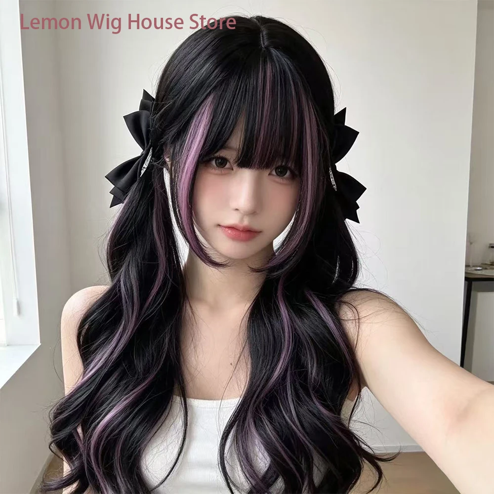 Long Wavy Black Pink Cosplay Wig with Bangs Synthetic Lolita Cosplay Wigs Daily Wear Natural Wig Halloween Costume Wig for Women