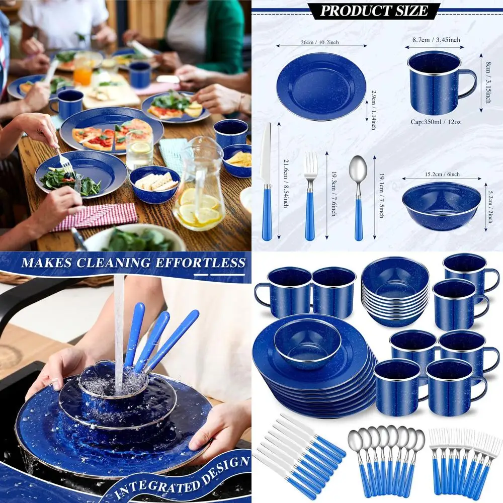 

Набор походной посуды из 48 предметов: 12 кружек для кофе, тарелки 26,7 см, миски 15,2 см и столовые приборы (включая ножи)