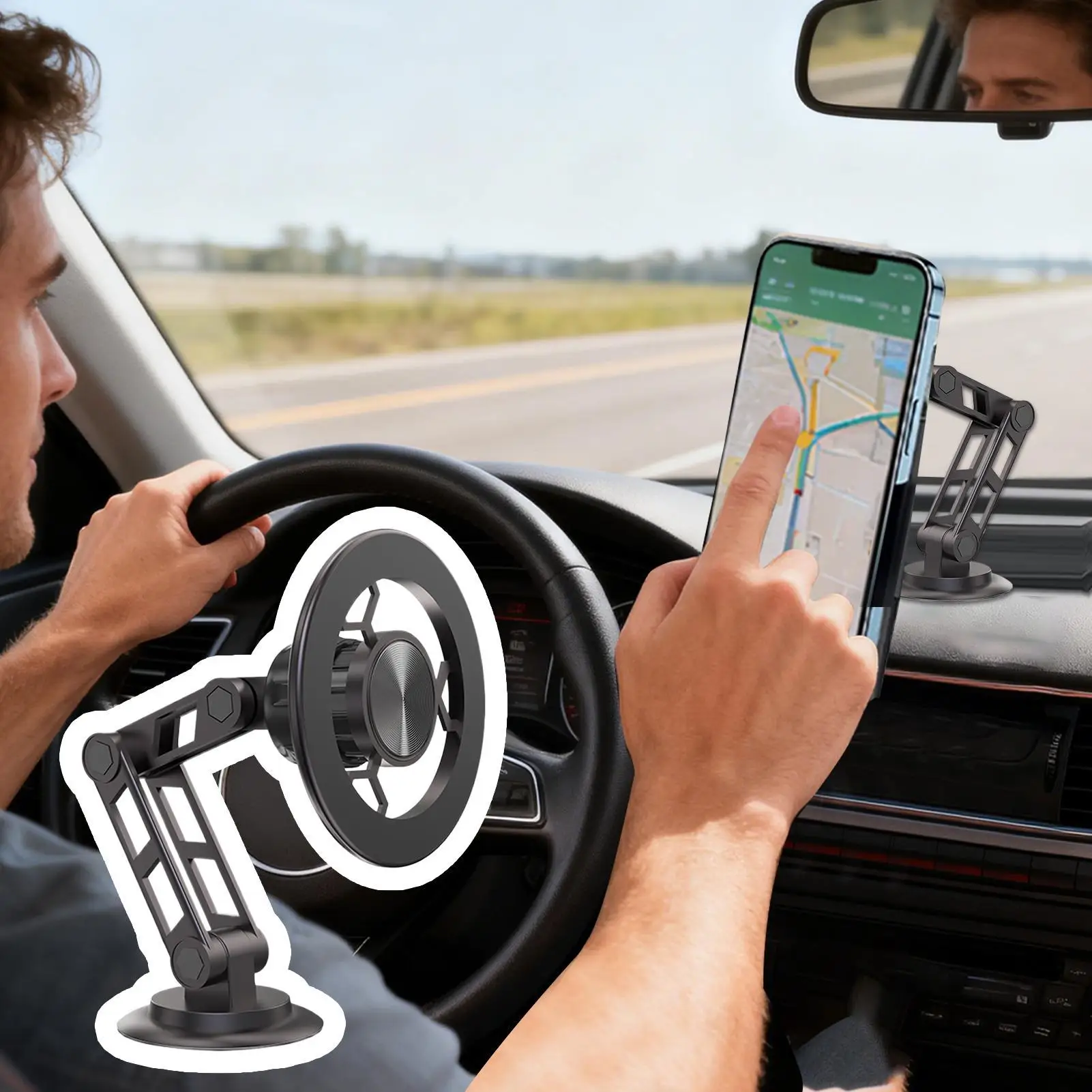 حامل هاتف مغناطيسي 360 دوران سبائك الألومنيوم حامل هاتف مغناطيسي للسيارة لشاحنة SUV سيدان لوحة القيادة الزجاج الأمامي رحلة الطريق