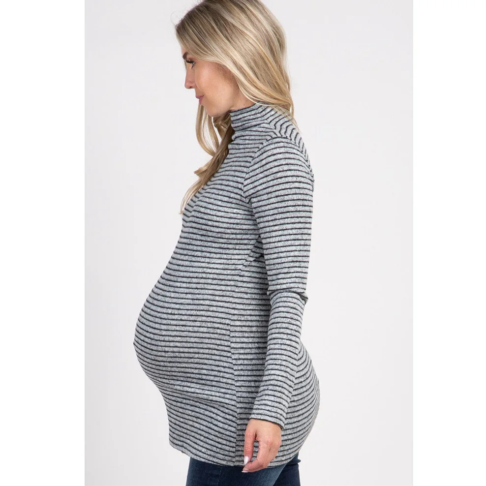 Autumn Winter Casual Maternity Clothing Long Sleeve Pregnancy T Shirts Stripe Pregnant Tops For Women's High Collar Wear Clothes