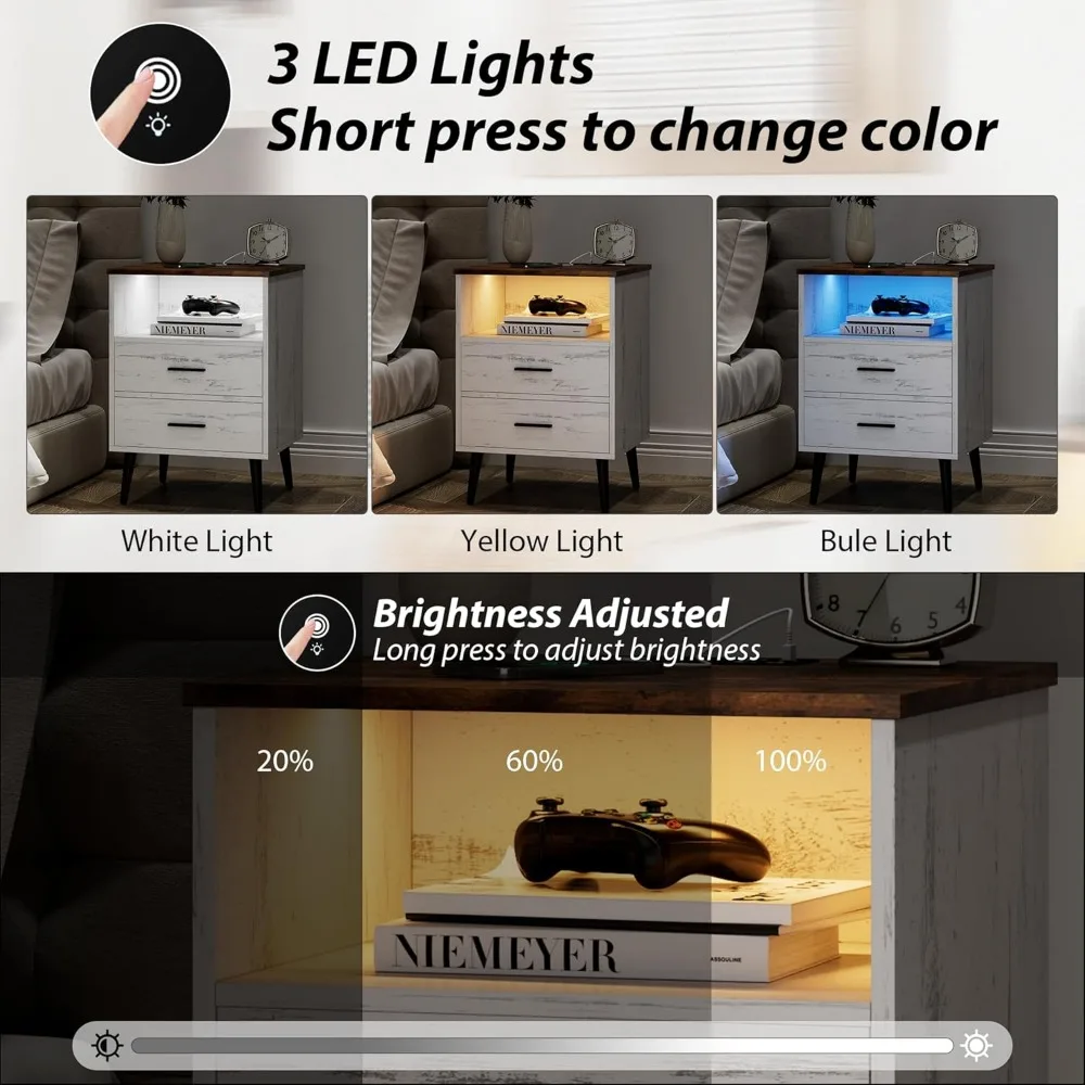 منضدة LED مع قاعدة شحن - طاولة بجانب السرير خشبية ذات درجين للمعيشة المنزلية الذكية