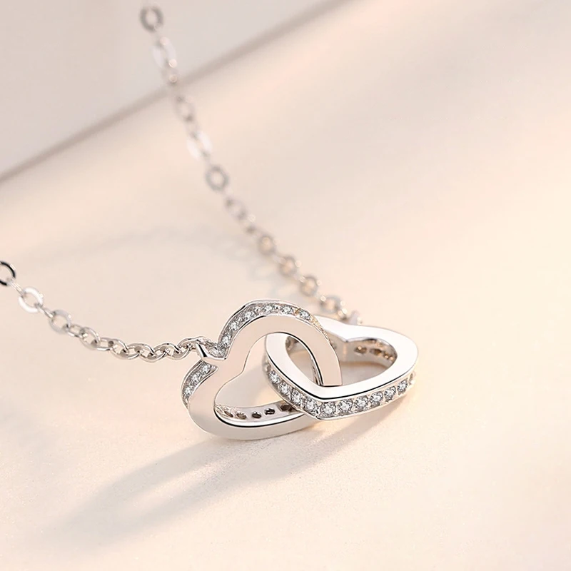 925 Sterling Silber Doppelherz Zirkon Anhänger Halsketten Damen Luxus Qualitätsschmuck Roségold Strass Tropfen Schlüsselbein-Ketten – Detail 9