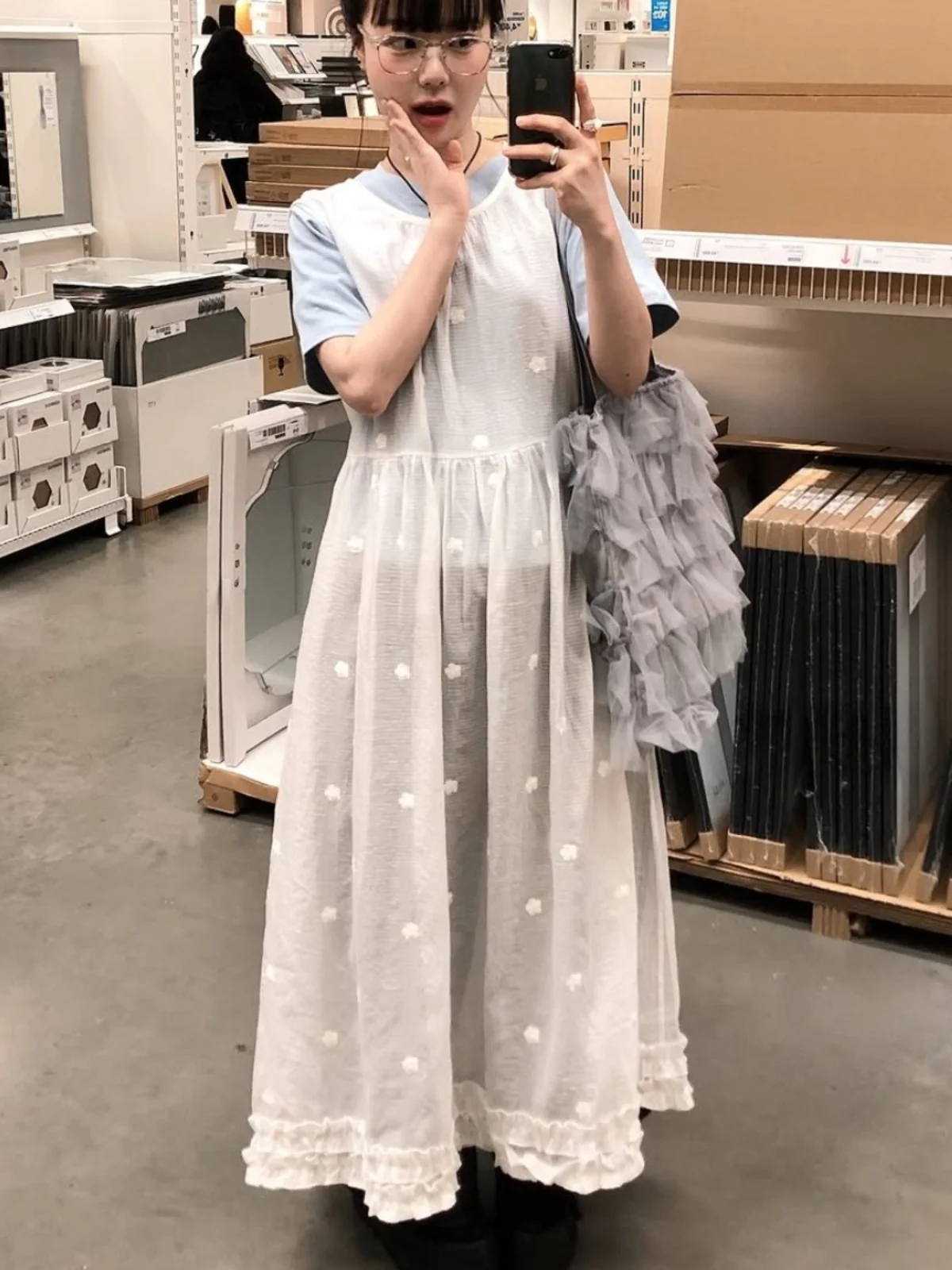 Vestido  com Estampa de Poá para Mulheres, Design em Camadas, Sem Mangas, Estilo Coreano, Cintura Solta