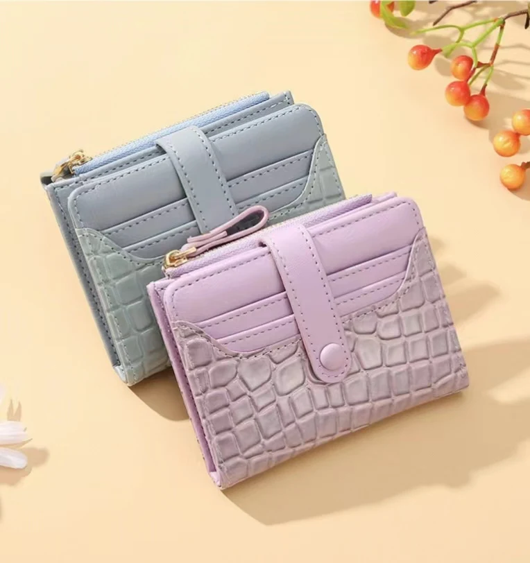 Cartera corta con estampado de cocodrilo para mujer, billetera con múltiples ranuras para tarjetas, monederos de cuero de Color sólido, billetera con Clip para dinero para niña