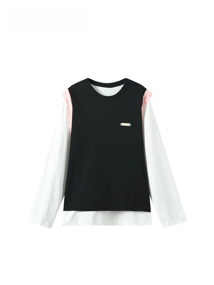 

plus Size Women's round Ne Long Sve Sweatirt Color Blo Faion Fake Two-Piece Top for Autumn Polyester 00% Regular Fit