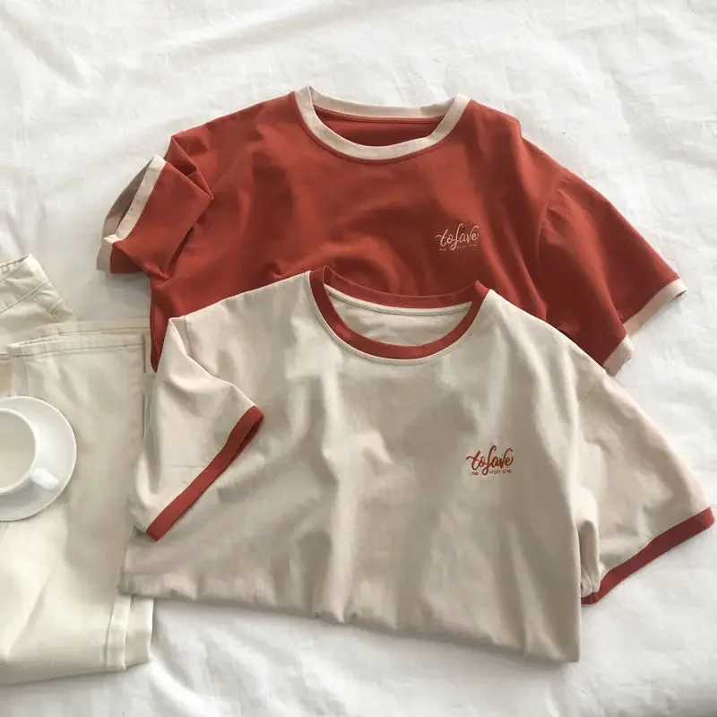 

T-shirts Women Harajuku Simple Tops for Lady Vintage Embroidery Design Short Sleeve Tees Retro Korean Style O-Neck Chic Clothing