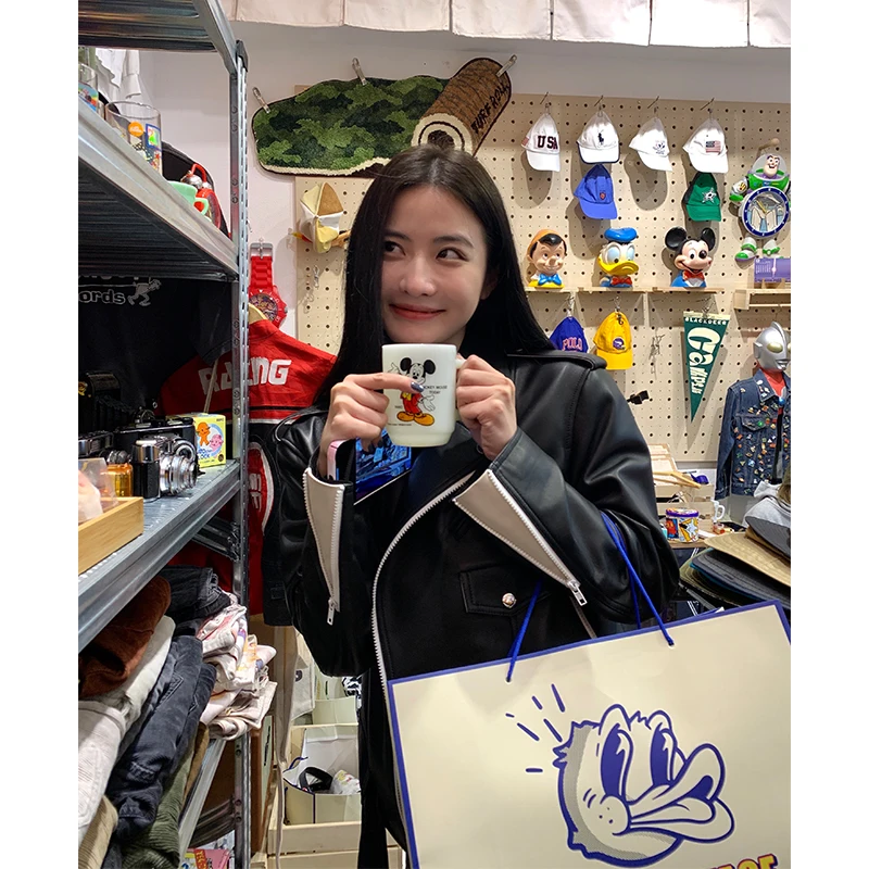 CC Giacca in Vera Pelle di Pecora con Pelliccia Sintetica Stile Moto Post-Punk da Donna, Giacca Primaverile in Pelle da Moto