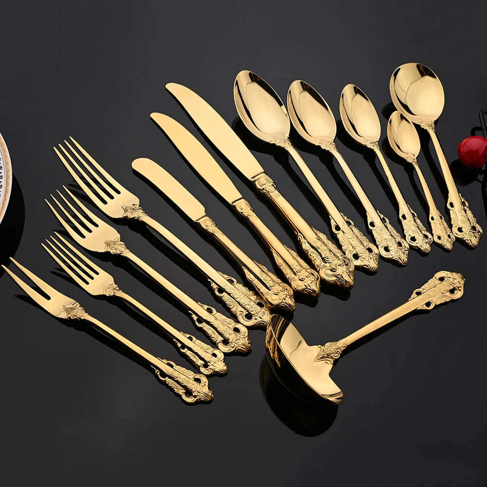 6Pcs Vintage Western Gold Cutlery Dining Dessert Knife Fork Spoon Cuterly Set Golden Luxury Dinnerware Engraving Tableware Set