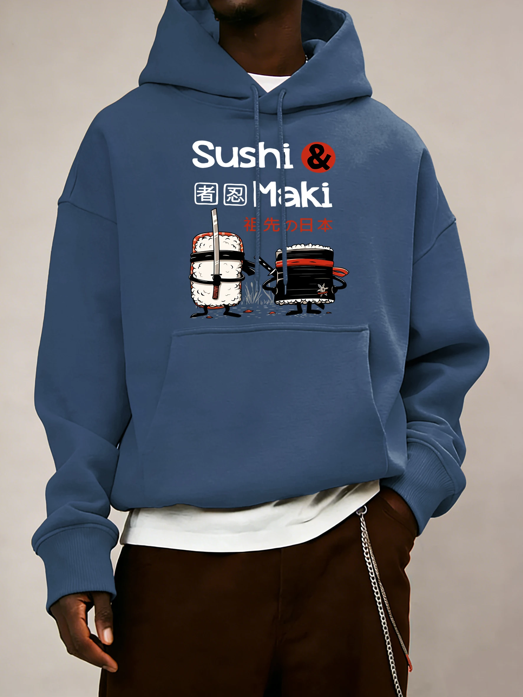 Japanische Sushi Maki Druck Männer Bequeme Hoodies Fleece Casual Männlichen Sweatshirt Lose Einfache Pullover Alle-Spiel Tasche Unisex Kleidung