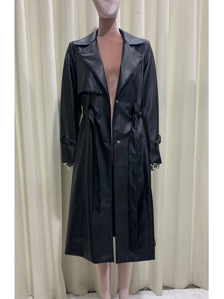 Spring Autumn Long Waterproof Fitted Soft Black Pu Leather Trench Coat Women Sashes Slim Fit Elegant Luxury Chic Clothing 2025