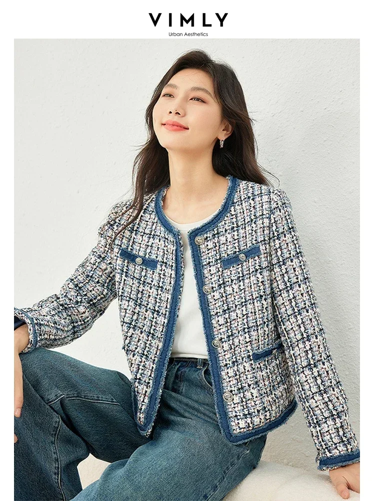 Vimly Plaid Tweed Cropped Jacket for Women 2024 Spring Patch Denim Design Elegant Fashion Lady Short Coat Female Outerwear M3288