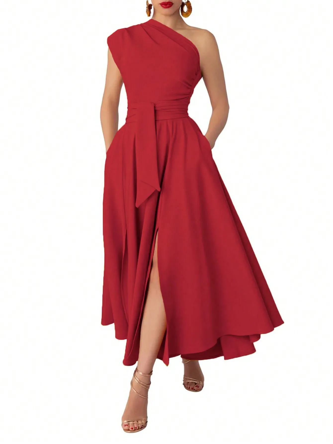 

Women's Red Asymmetrical One-Shoulder Maxi Dress with Waist Tie