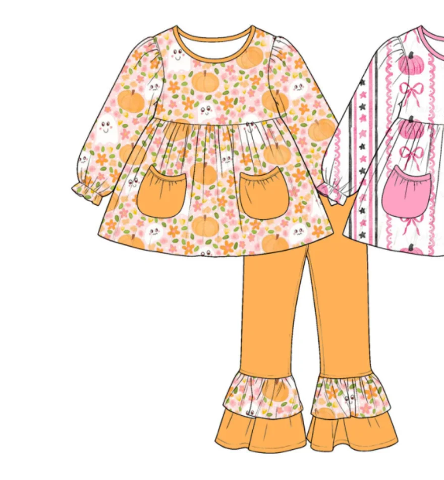 Boutique Halloween Baby Girls Cartoon Pumpkin Print Pockets Long Sleeves Tunic Top Ruffle Pants Wholesale Clothes Outfits Sets