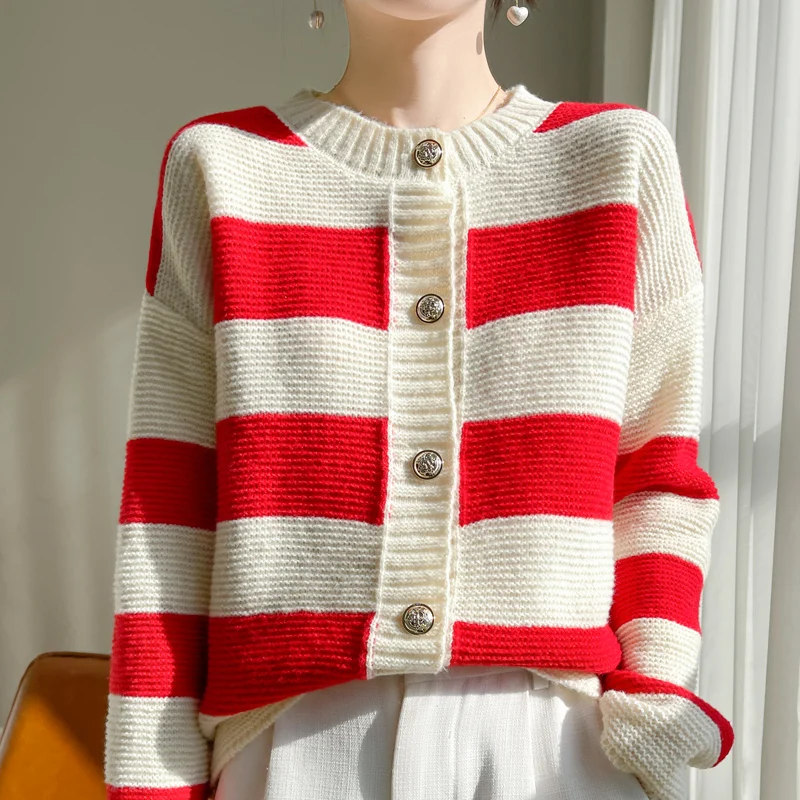 2024 New Women Striped Cashmere Cardigans Sweater O-Neck Spring Autumn Knitted Cashmere Cardigans Single Breasted Women Coat