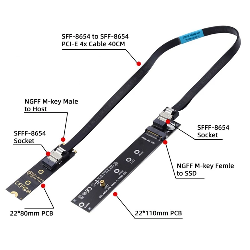 BAADE NGFF M.2 NVME M-Key SSD Cable de extensión macho a hembra 40 cm con adaptador de conector de SFF-8654 para placa base SSD 2280/22110