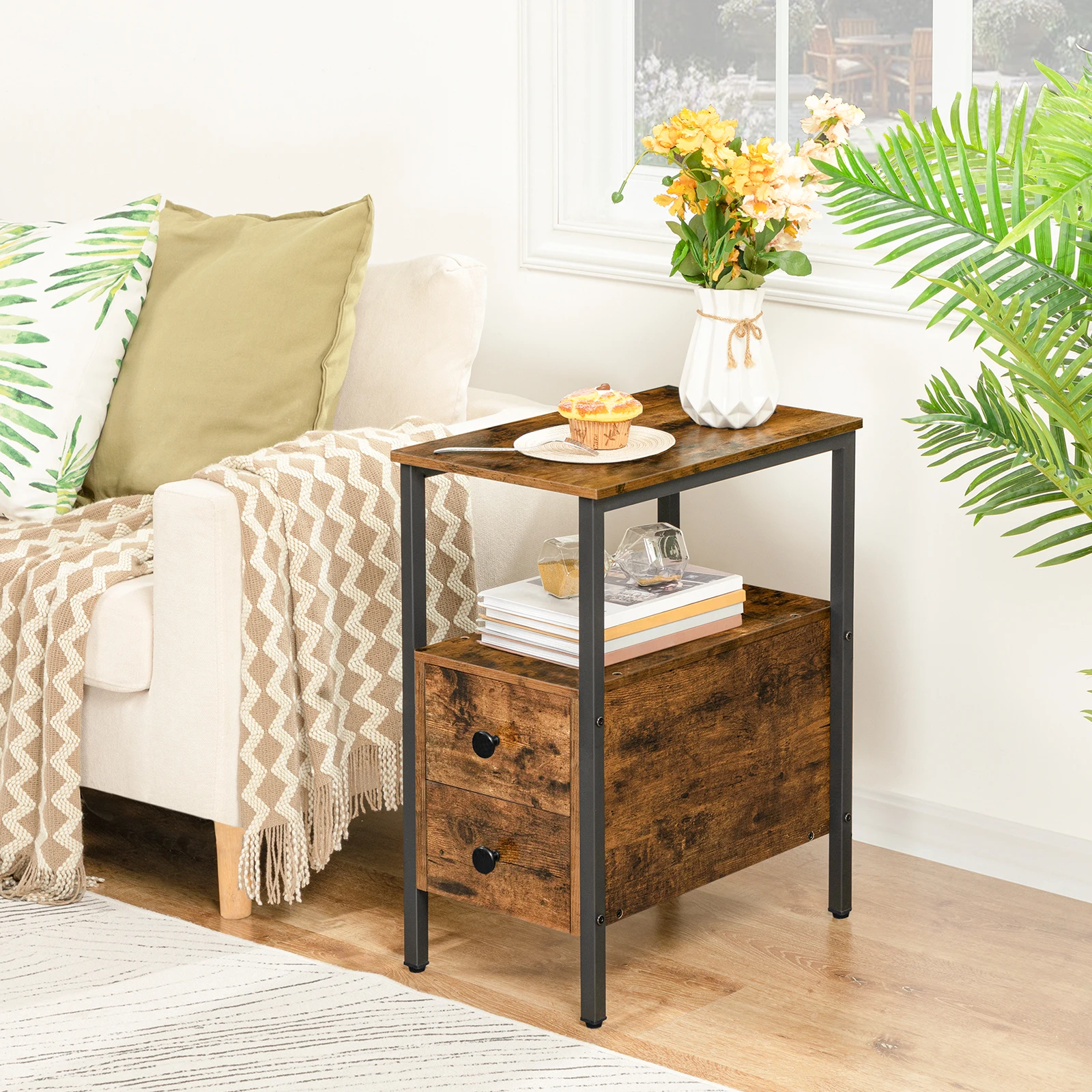 End Table, Narrow Chairside Table with Drawer and Open Storage Shelf, Nightstand for Small Spaces, Stable and Sturdy Constructio