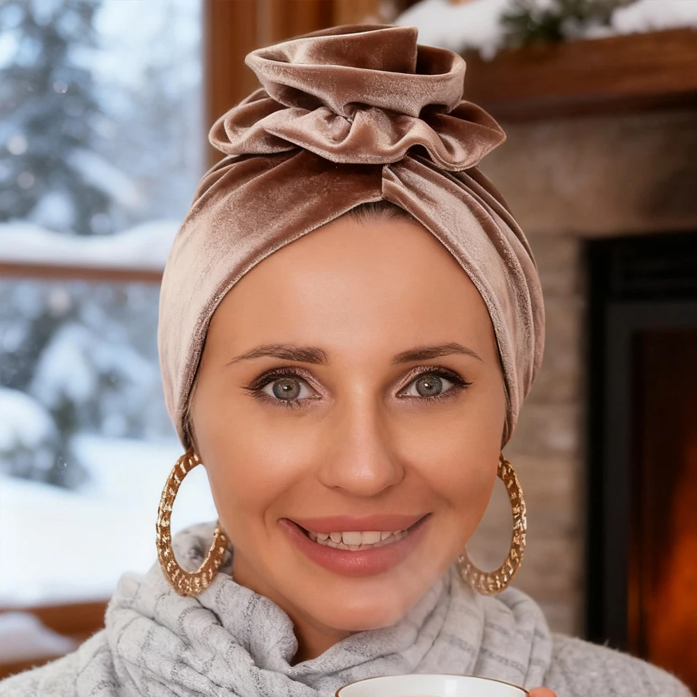 

Зимний теплый бархатный тюрбан, модная повязка на голову с цветком, химиотерапевтическая шапка для женщин, вечерние головной убор, мусульманский хиджаб, шапочки, капот