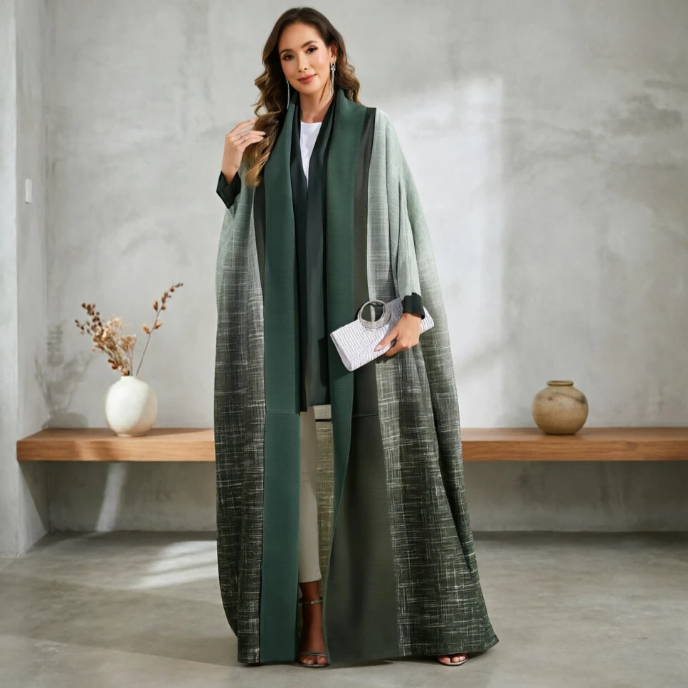 2026 New Miyake Pleated Abaya Robe Gradient Plus Size Long Sleeve Cardigan Jacket Women's Stretchy Trench Coat Holiday Clothing